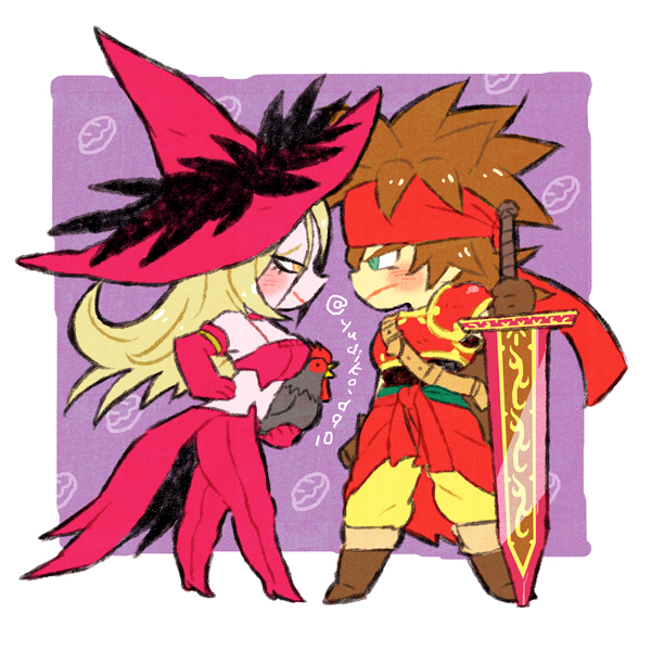 1boy, 1girl, 1other, animal, armor, bird, blonde_hair, boots, border, brown_boots, brown_gloves, brown_hair, chicken, colored_skin, commentary_request, dragon_quest, dragon_quest_x, elbow_gloves, eye_contact, gloves, gold_trim, gratzel_(dq10), green_eyes, halter_shirt, halterneck, hand_on_own_hip, hat, headband, holding, holding_animal, iyakika, long_hair, looking_at_another, medium_hair, pants, pink_boots, pink_gloves, pink_hat, pink_pants, pink_shirt, pink_skin, planted, planted_sword, planted_weapon, profile, purple_background, red_armor, red_headband, red_sash, sash, shirt, smile, spiked_hair, sword, twitter_username, weapon, white_border, witch, witch_hat, yellow_eyes, yellow_pants, zankurone