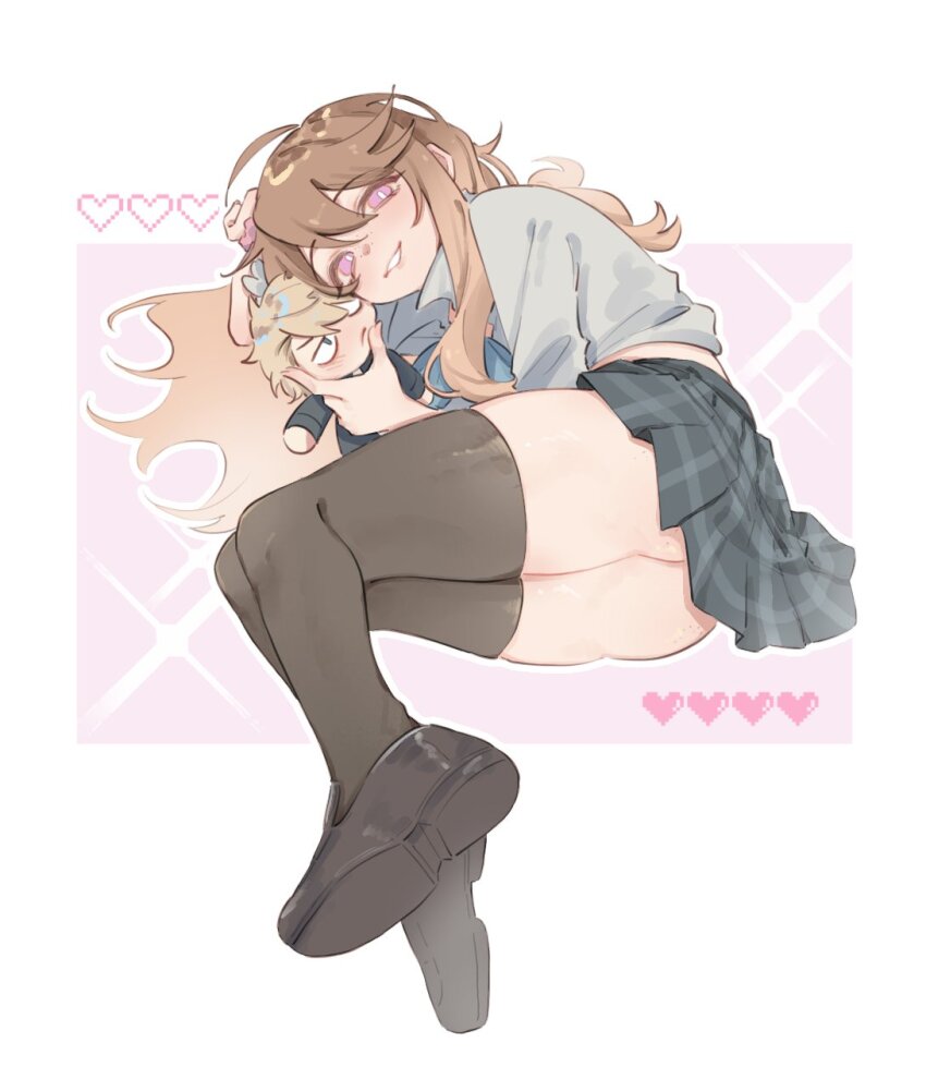 1girl, ass, black_shoes, black_thighhighs, blue_skirt, blush, brown_hair, character_doll