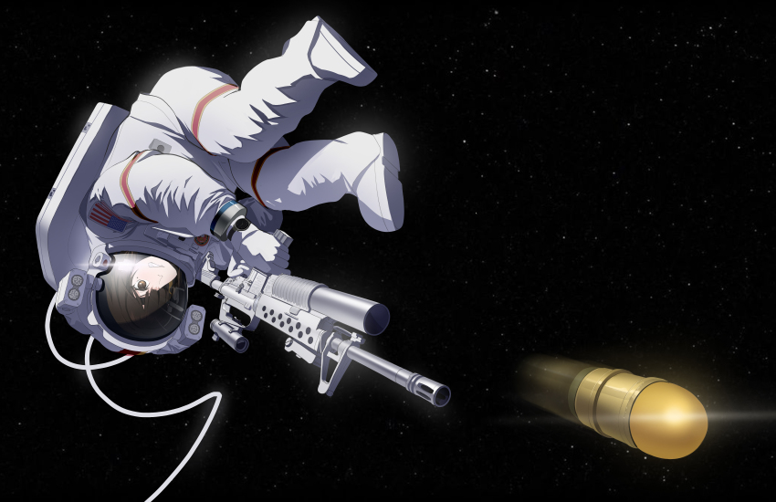 absurdres, assault_rifle, astronaut, blunt_bangs, braid, explosive, eyepatch, gewehrbroker