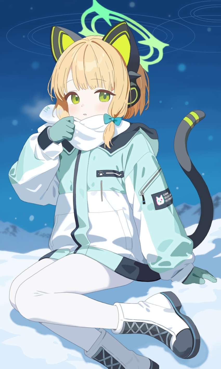 1girl, absurdres, ai-assisted, animal_ear_headphones, animal_ears, aqua_coat, aqua_gloves, arm_support