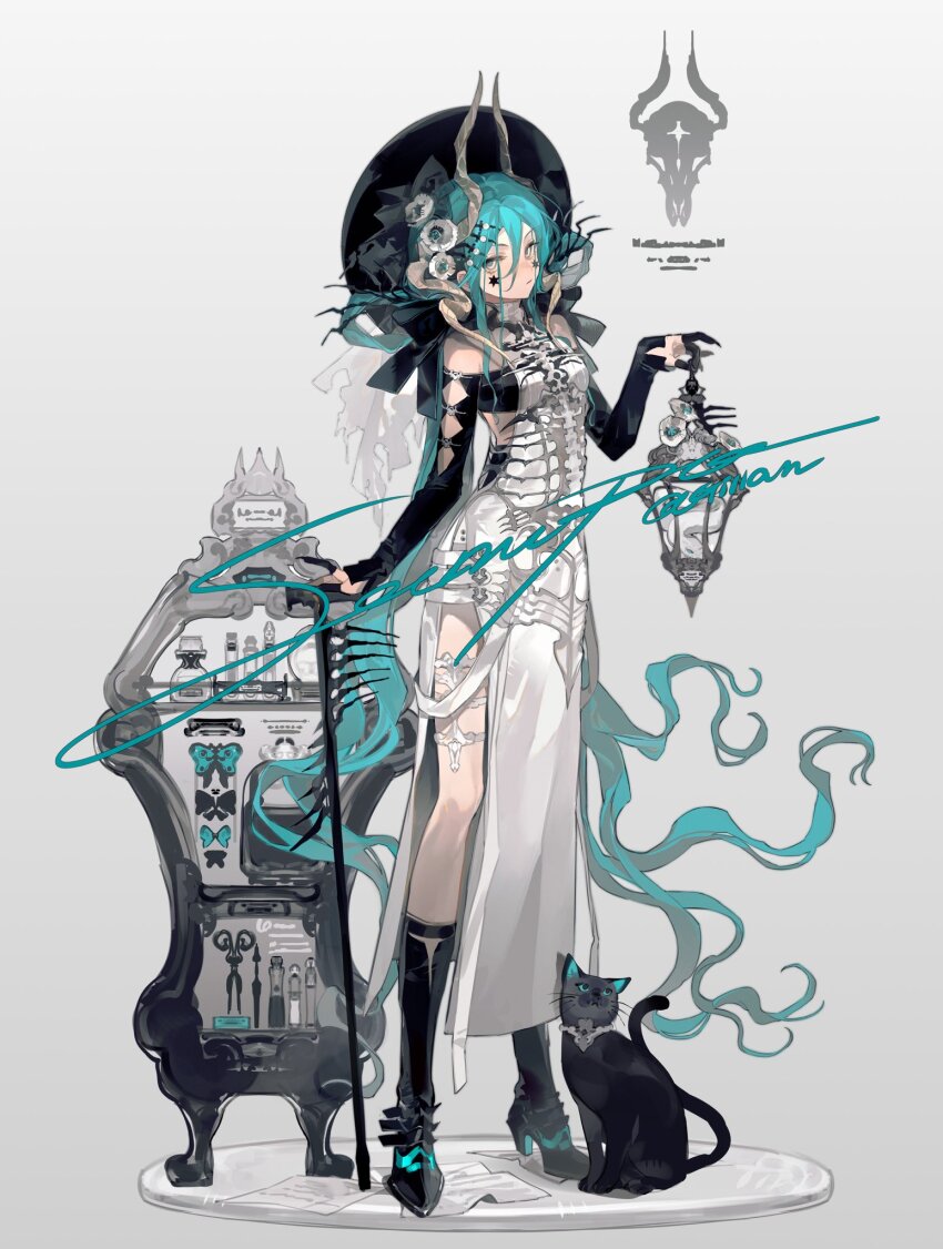 1girl, animal, aqua_hair, bonnet, boots, breasts, bug, butterfly, cat, chandelier, claw_ring, claws, detached_sleeves, dress, facial_mark, fingernails, full_body, gillannn, gradient_background, grey_background, hat, highres, horns, insect, long_hair, original, potion, scissors, serious, sharp_fingernails, small_breasts, star_(symbol), star_facial_mark, yellow_eyes
