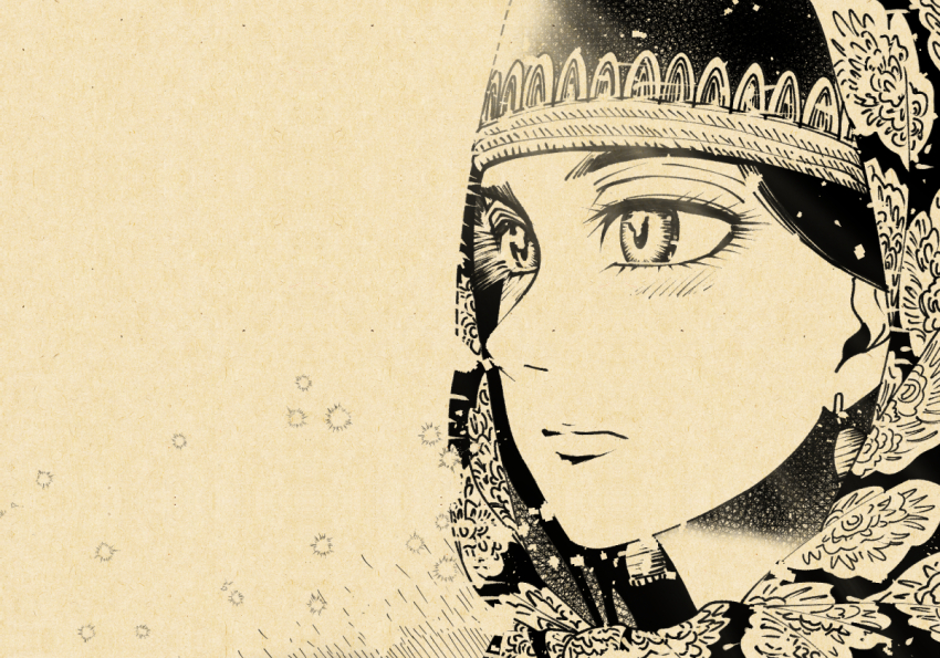 a-king, azerbaijani_clothes, black_hair, closed_mouth, ear_piercing, earrings, hijab, iranian_clothes, jewelry, looking_to_the_side, otoyomegatari, piercing