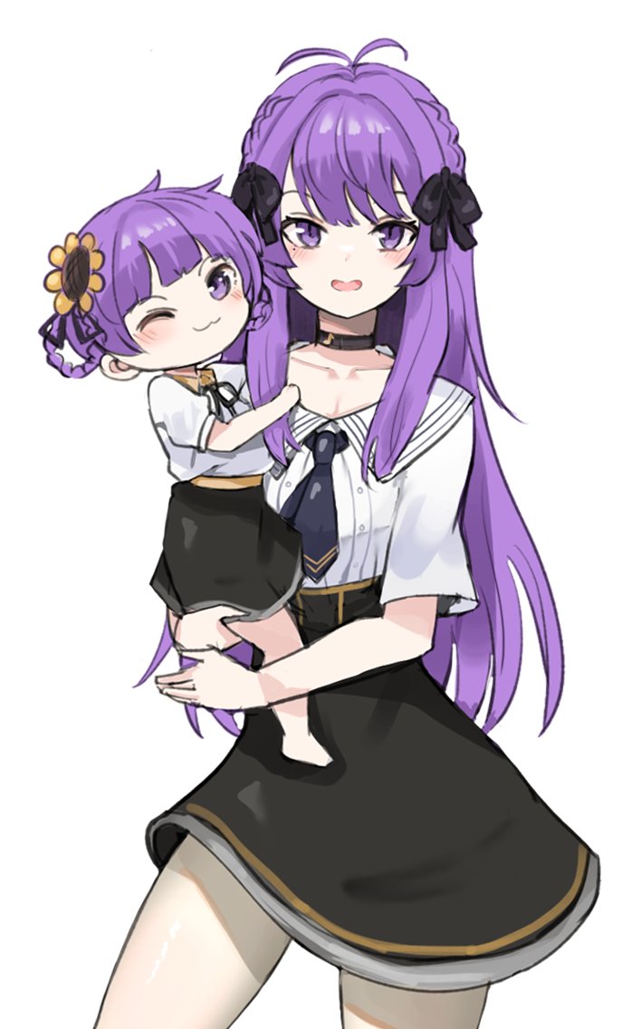 2girls, antenna_hair, black_bow, black_choker, black_skirt, bow, carrying, carrying_person