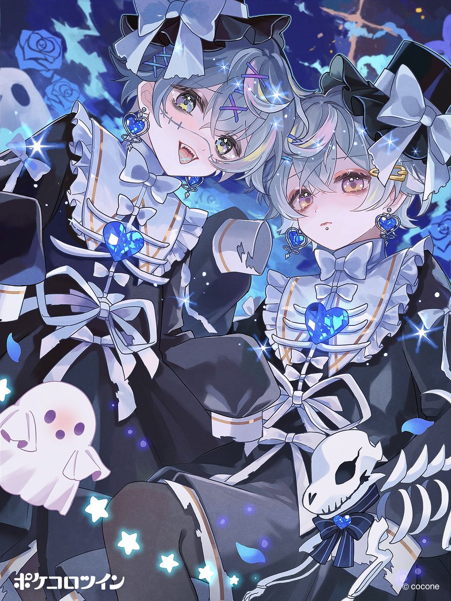 2girls, animal_skeleton, blouse, bow, bowtie, corset, dog_skeleton, earrings