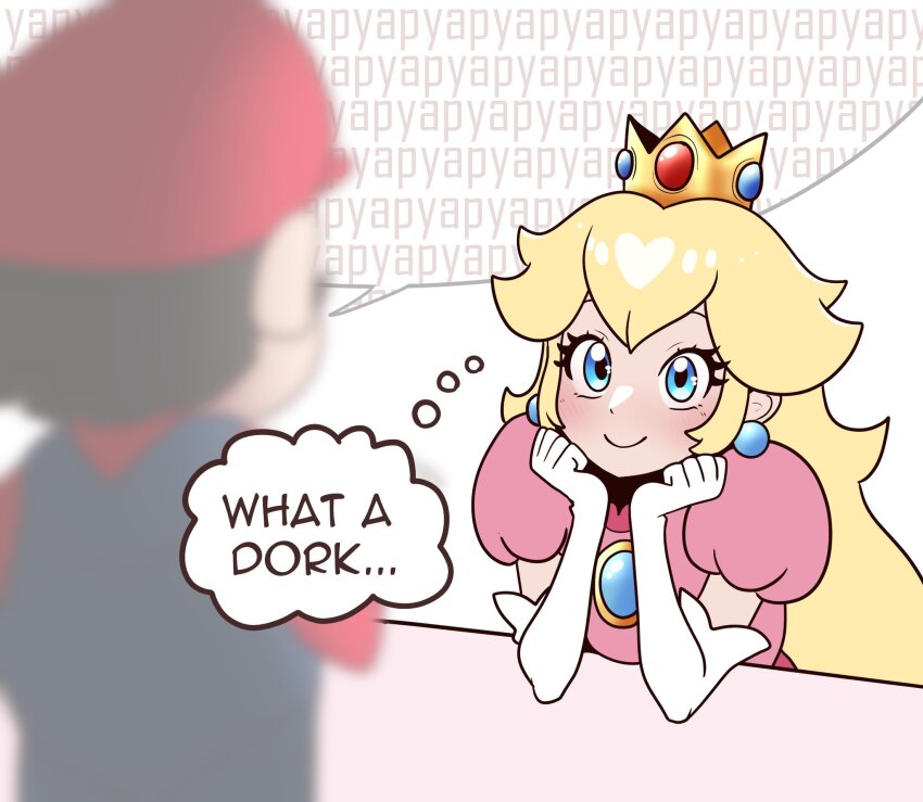 1boy, 1girl, blonde_hair, blush, brown_hair, closed_mouth, commentary, crown