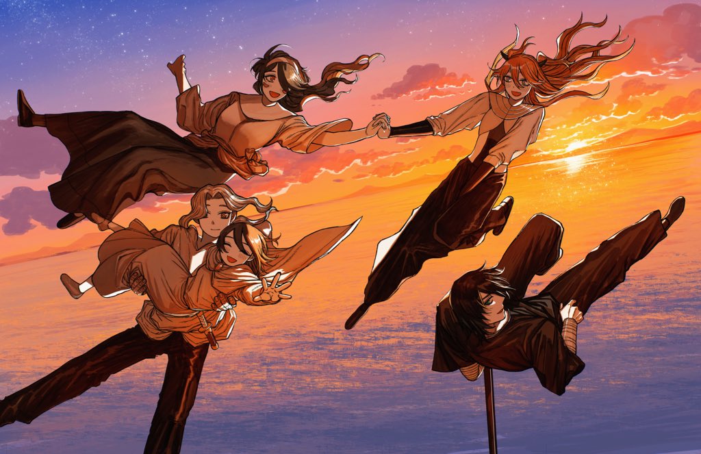 2boys, 3girls, :d, ^_^, black_hair, black_pants, black_shirt, black_shoes