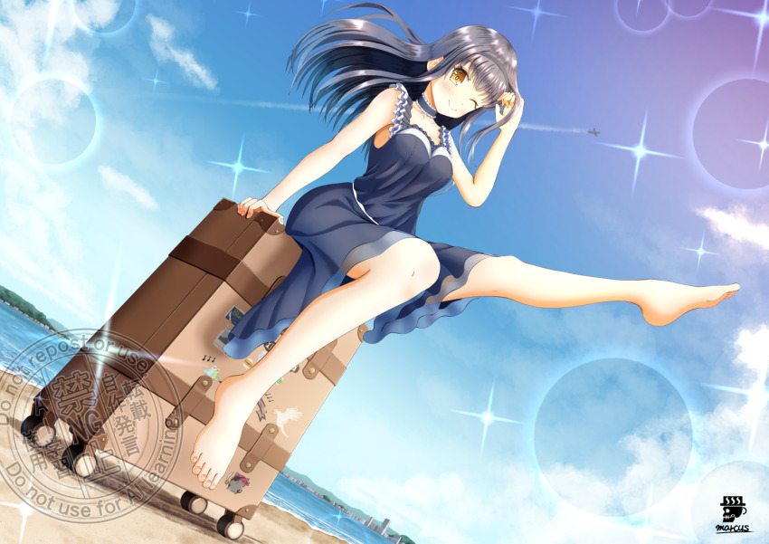 1girl, aircraft, airplane, barefoot, black_hair, black_hairband, blue_choker, blue_dress, blush, breasts, choker, closed_mouth, collarbone, commentary_request, contrail, day, dress, feet, frilled_choker, frills, full_body, hairband, hand_in_own_hair, hand_up, horizon, kushima_kamome, leg_up, lens_flare, long_hair, looking_at_viewer, ocean, on_suitcase, one_eye_closed, outdoors, rolling_suitcase, shinshi_marcus, shore, signature, sitting, sky, sleeveless, sleeveless_dress, small_breasts, smile, solo, straight_hair, suitcase, summer_pockets, toes, water, watermark, yellow_eyes
