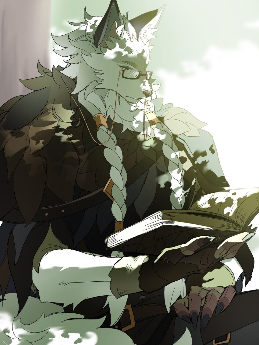 1boy, afk_(series), afk_journey, animal_ears, book, braid, brown_gloves, claws, closed_mouth, commentary_request, faramor_(afk), fingerless_gloves, furry, furry_male, glasses, gloves, highres, holding, holding_book, male_focus, open_book, reading, sakiika_sakki, sitting, tail, tree, under_tree, wolf_boy, wolf_ears, wolf_tail