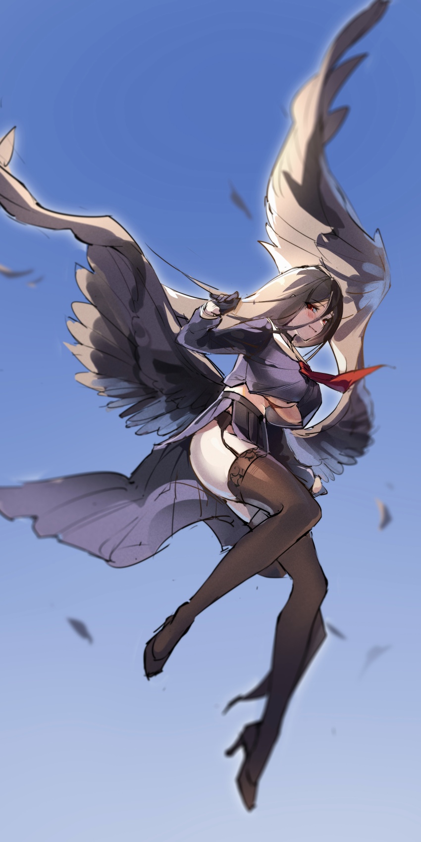 1girl, absurdres, beiqi_coconut, black_garter_belt, black_garter_straps, black_gloves, black_hair, black_shirt