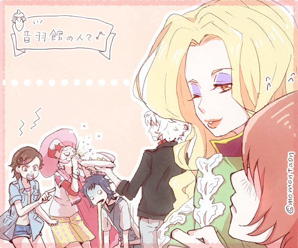 2girls, 4boys, bad_food, black_jacket, blonde_hair, blue_jacket, blue_shorts, brown_hair