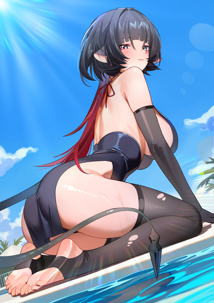 1girl, absurdres, alternate_costume, animal_ears, armpit_crease, back, bare_shoulders, black_dress