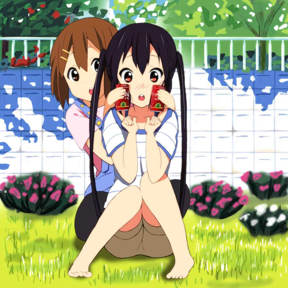 00s, 2girls, bad_anatomy, bad_feet, black_hair, brown_eyes, brown_hair, can