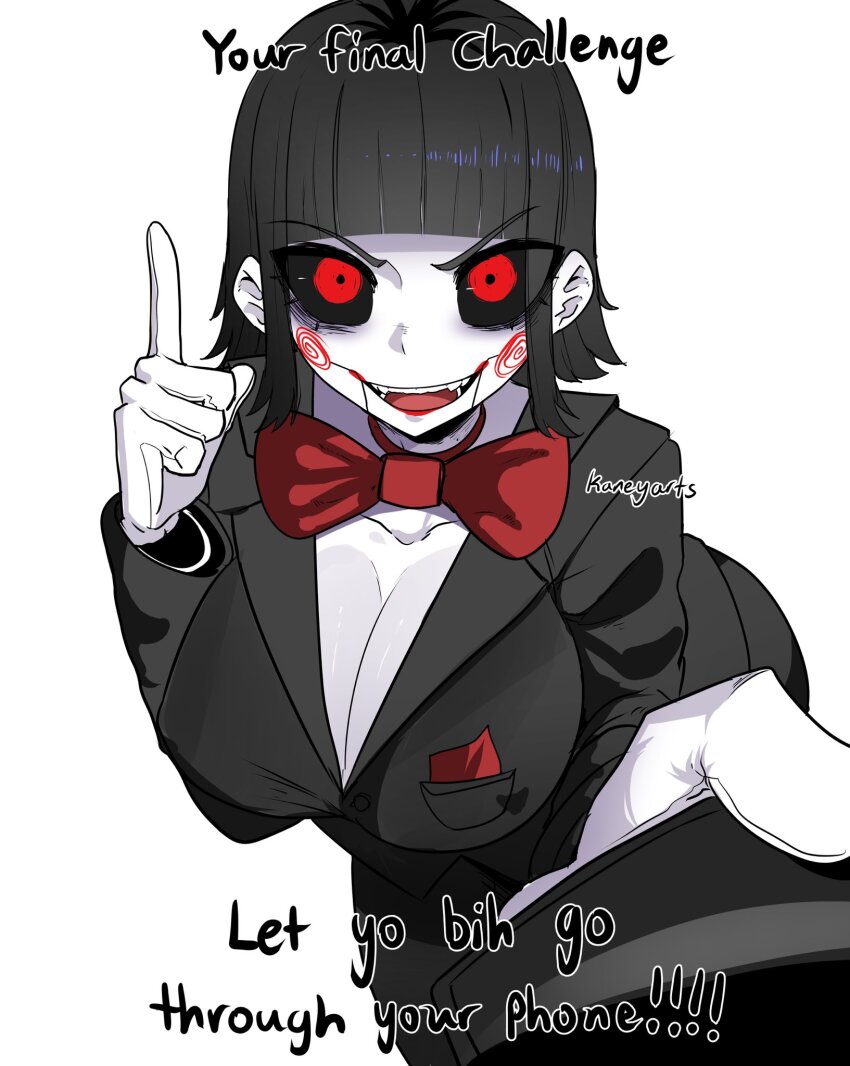 1girl, artist_name, black_hair, black_jacket, black_pants, black_sclera, blunt_bangs, bow