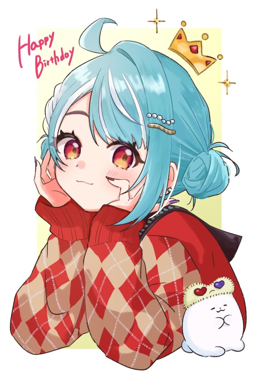 1girl, ahoge, blue_hair, blush, cardigan, closed_mouth, cropped_torso, crown