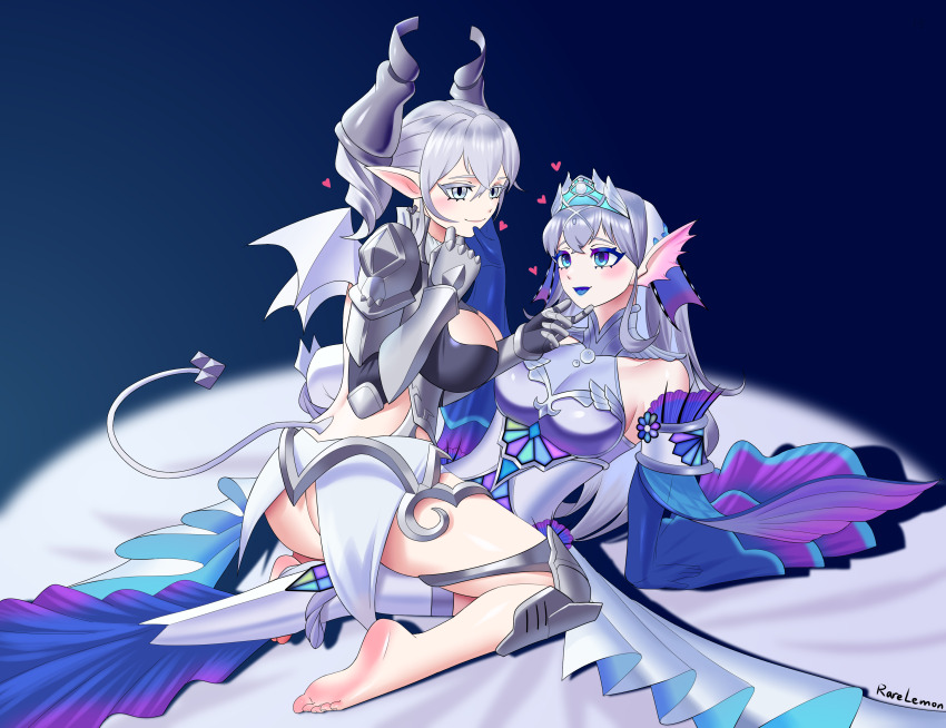2girls, absurdres, arm_fins, armor, barefoot, blue_eyes, blush, breasts