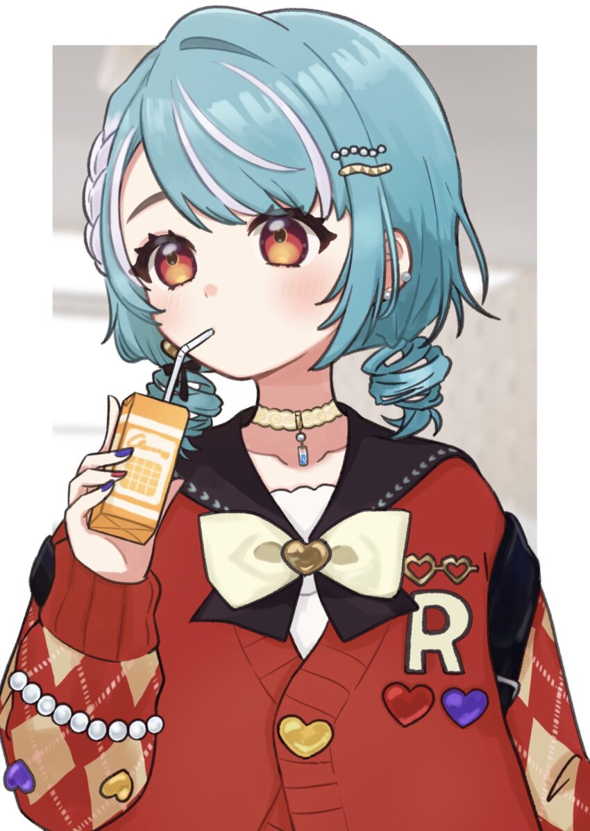 1girl, blue_hair, blush, border, braid, cardigan, choker, drink_carton