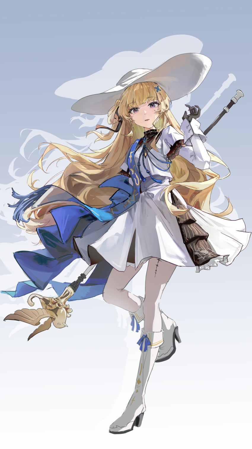 1girl, absurdres, black_collar, black_gloves, black_ribbon, blonde_hair, blue_gem, blue_sash