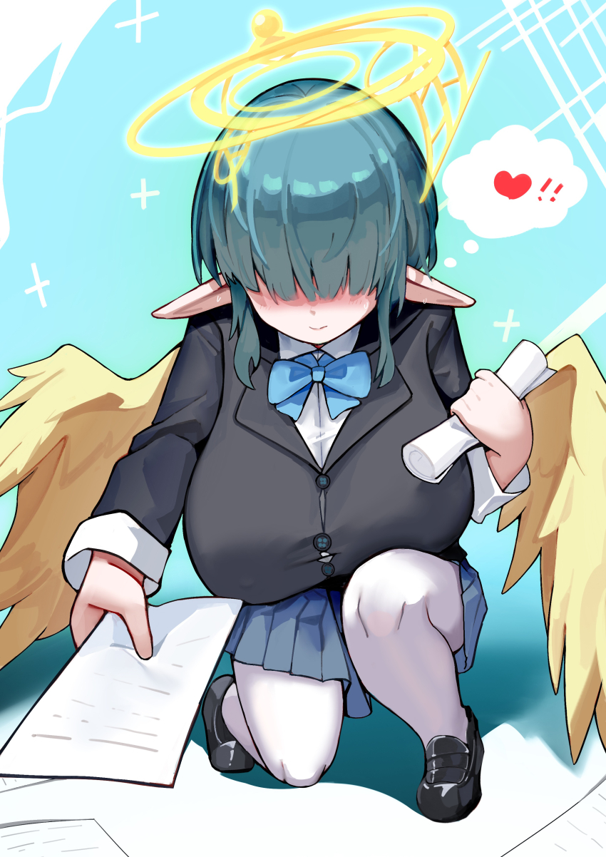 !, absurdres, angel, angel_wings, blue_background, blue_bow, blue_hair, blush