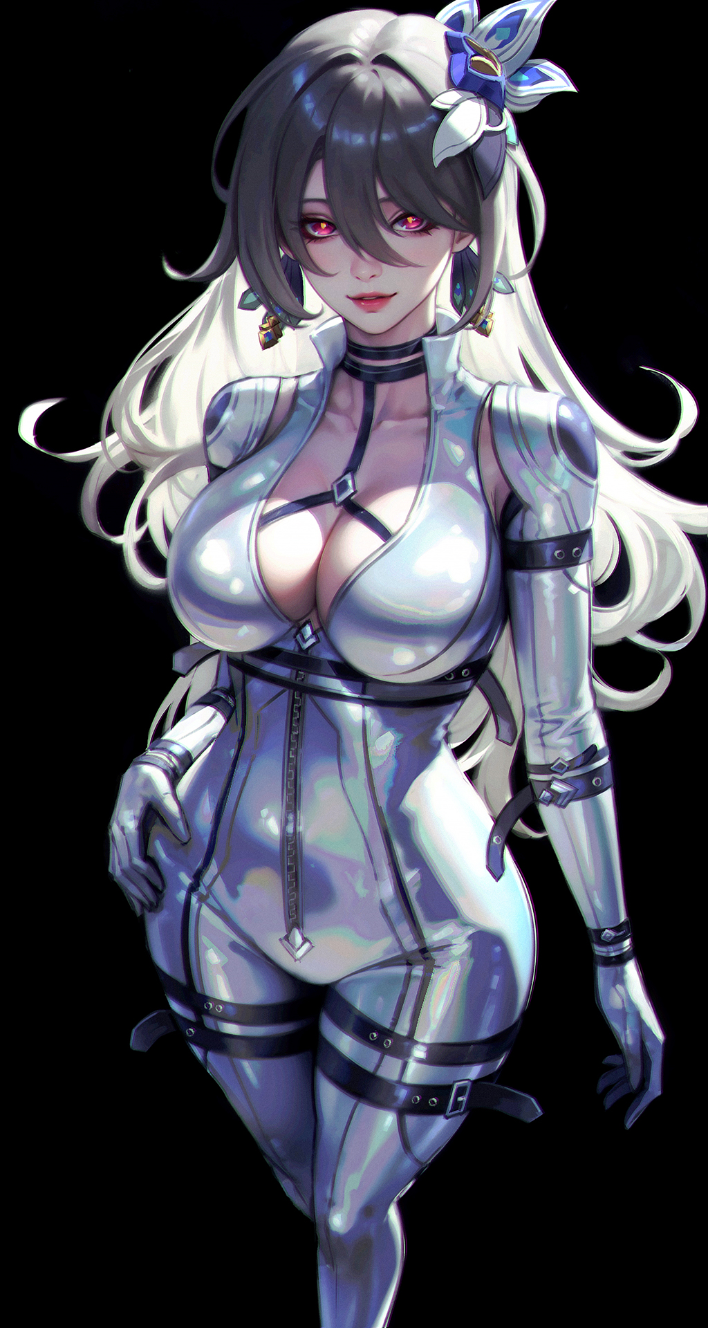 1girl, belt, black_background, black_belt, breasts, collarbone, commentary, earrings