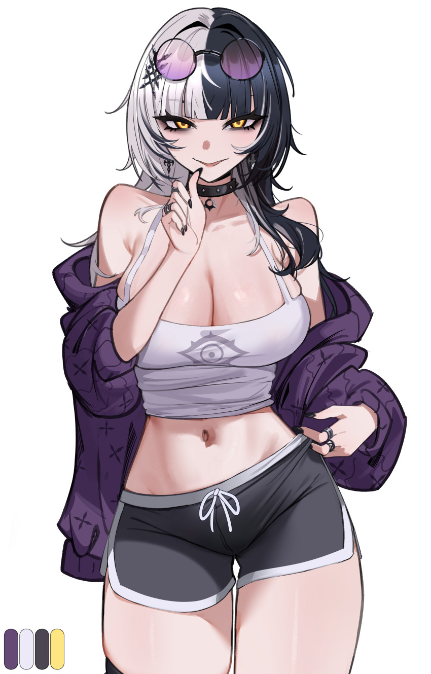 1girl, absurdres, alternate_costume, black_hair, black_nails, black_shorts, breasts, camisole