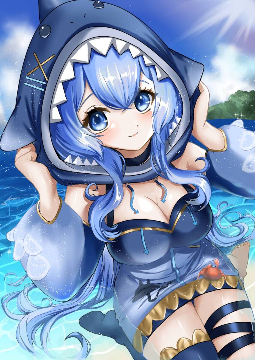 1girl, animal_hood, beach, blue_dress, blue_eyes, blue_hair, blue_sleeves, blue_thighhighs