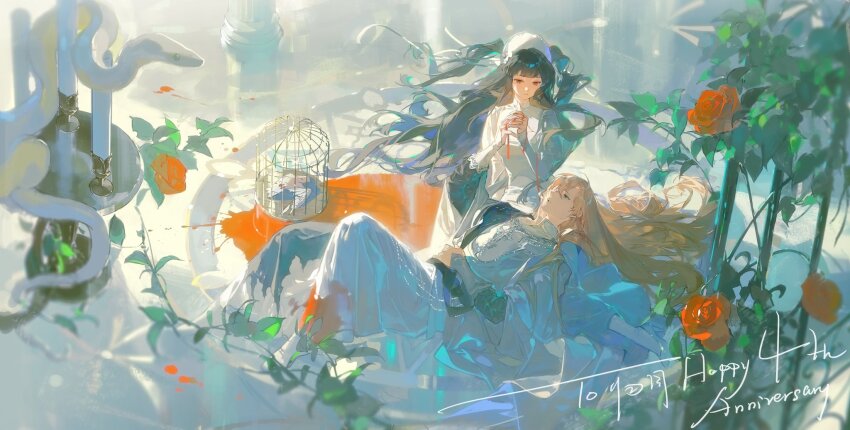 1boy, 1girl, alkaid_mcgrath, alkaid_mcgrath_(god_forsaken_land), birdcage, black_hair, blonde_hair, cage