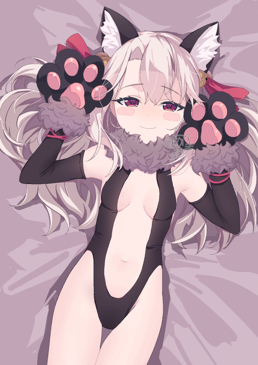 1girl, akaneko016, animal_ear_fluff, animal_ears, animal_hands, bare_shoulders, bell, black_gloves, black_leotard, black_thighhighs, blush, blush_stickers, breasts, cat_ears, center_opening, elbow_gloves, fake_animal_ears, fate/kaleid_liner_prisma_illya, fate_(series), fur_collar, gloves, hair_ribbon, highres, illyasviel_von_einzbern, illyasviel_von_einzbern_(beast_style), jingle_bell, leotard, long_hair, looking_at_viewer, lying, navel, on_back, paw_gloves, red_eyes, ribbon, sidelocks, small_breasts, smile, solo, thighhighs, thighs, white_hair