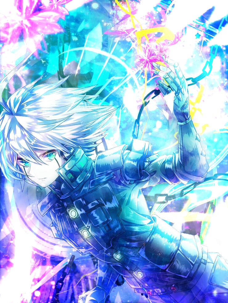 1boy, ahoge, android, armor, blue_eyes, buttons, chain, closed_mouth, commentary, danganronpa_(series), danganronpa_v3:_killing_harmony, gloves, glowing, hair_between_eyes, hanemina, joints, k1-b0, looking_at_viewer, male_focus, power_armor, robot, robot_ears, robot_joints, short_hair, solo, spiked_hair, white_hair