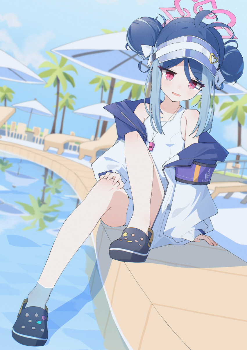 1girl, absurdres, anleewind, antenna_hair, bare_legs, bare_shoulders, blue_archive, blue_hair