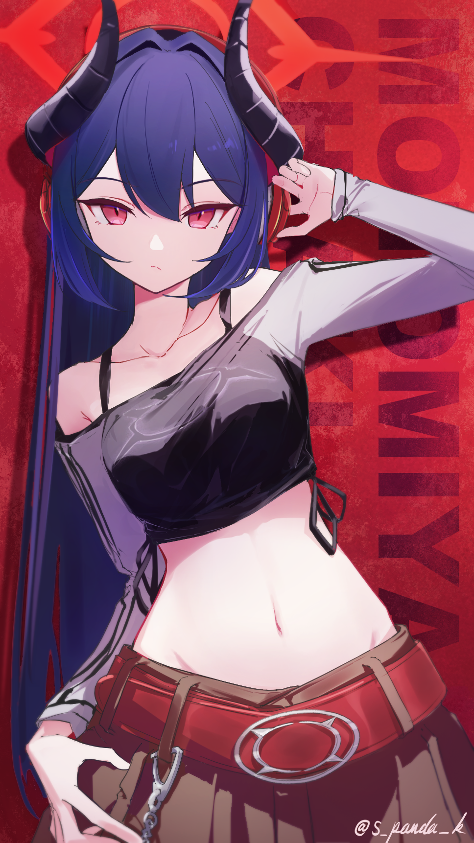 1girl, belt, black_hair, blue_archive, breasts, casual, chiaki_(blue_archive), closed_mouth