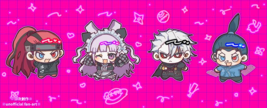 1girl, 3boys, :3, :d, akiba_hinagiku, akiba_ichinosuke, akiba_saizo, apron, arms_up, blue_eyes, blue_hair, chibi, chibi_only, colored_sclera, commentary_request, forehead_protector, frown, gauntlets, grey_hair, grid_background, heterochromia, high_ponytail, highres, holographic_keyboard, long_hair, maid, maid_apron, maid_headdress, male_focus, multicolored_hair, multiple_boys, one_eye_closed, open_mouth, otori_ojirou, pink_background, ponytail, purple_eyes, q_(tribe_nine), red_eyes, red_hair, red_sclera, siblings, smile, streaked_hair, suzuki_555, tribe_nine, v-shaped_eyebrows, white_eyes