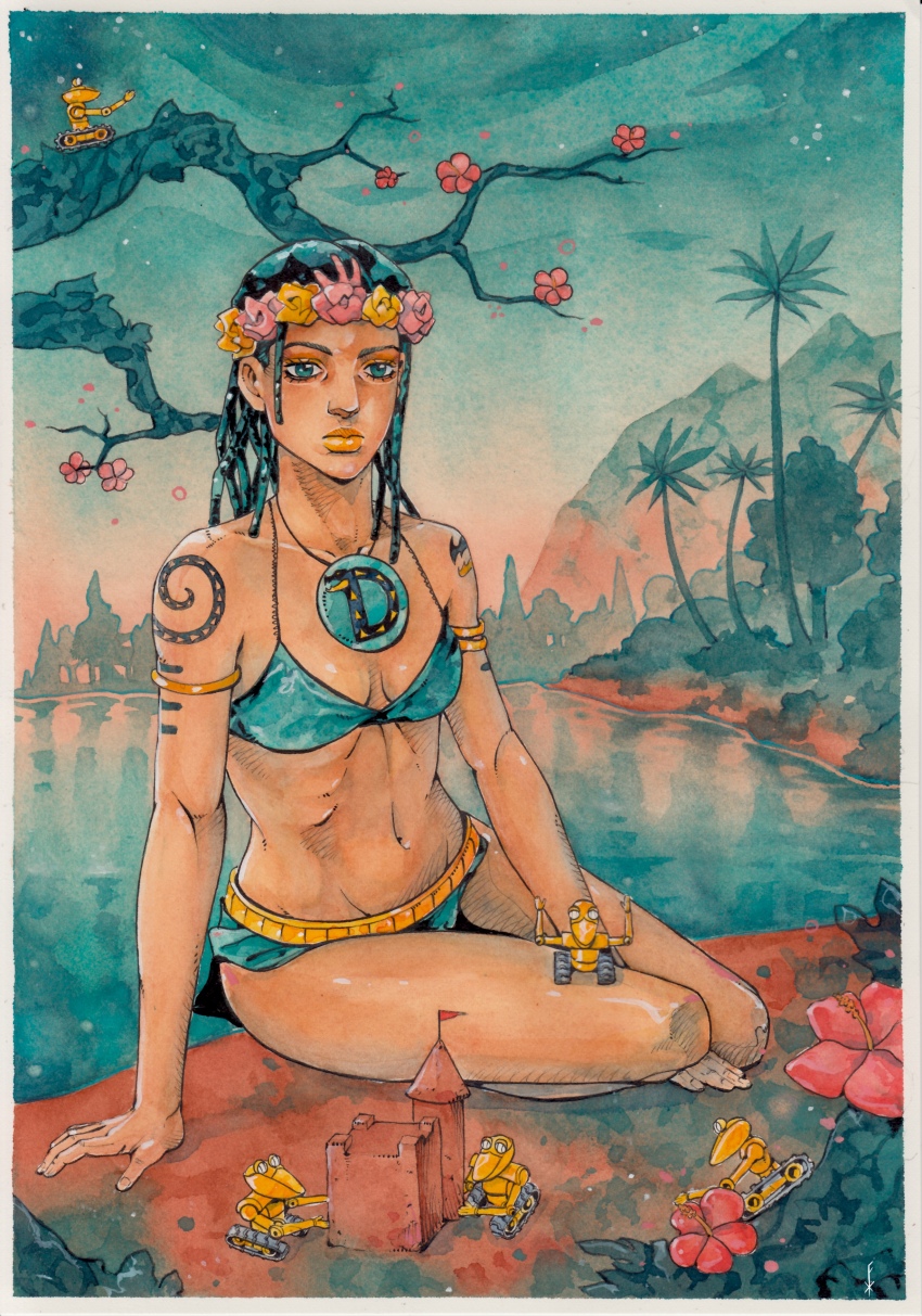 1girl, 5others, absurdres, araki_hirohiko_(style), arm_tattoo, belt, bikini, black_hair, blue_bikini, breasts, building_sand_sculpture, dark-skinned_female, dark_skin, dragona_joestar, dreadlocks, flower, gold_belt, green_eyes, hair_flower, hair_ornament, highres, jojo_no_kimyou_na_bouken, medium_breasts, multiple_others, on_floor, pin, sand_castle, sand_sculpture, sitting, smooth_operators, stand_(jojo), swimsuit, tattoo, the_jojolands, xfkart