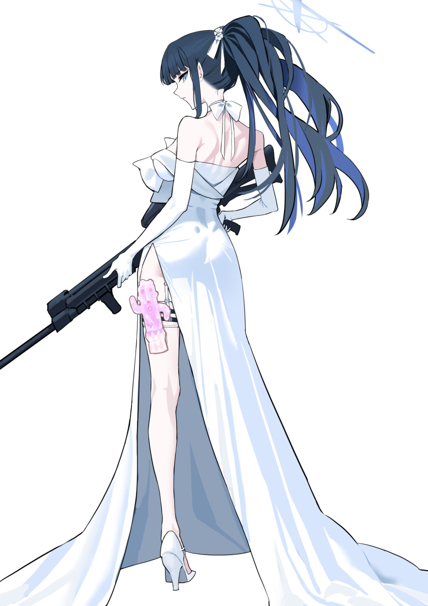 1girl, amanattou_shigure, ass, bare_shoulders, black_hair, blue_archive, blue_eyes, blue_hair