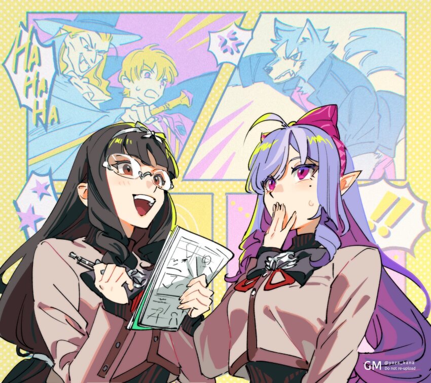 2girls, ahoge, black_hair, bow_headband, brown_jacket, cropped_jacket, glasses, headband, highres, holding, holding_paper, holding_pencil, jacket, lilac_(zenless_zone_zero), long_hair, multiple_girls, paper, pencil, pink_eyes, pink_headband, pointy_ears, purple_hair, twitter_username, upper_body, vivian_banshee, wolf_boy, yotsuban, zenless_zone_zero