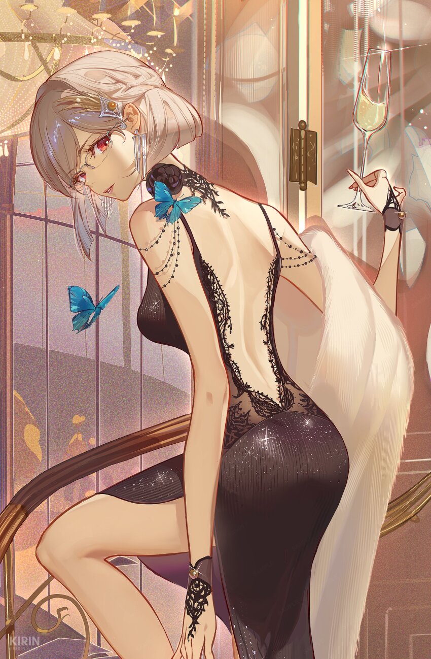 absurdres, artist_name, back, backless_dress, backless_outfit, bare_shoulders, black_dress, blue_butterfly