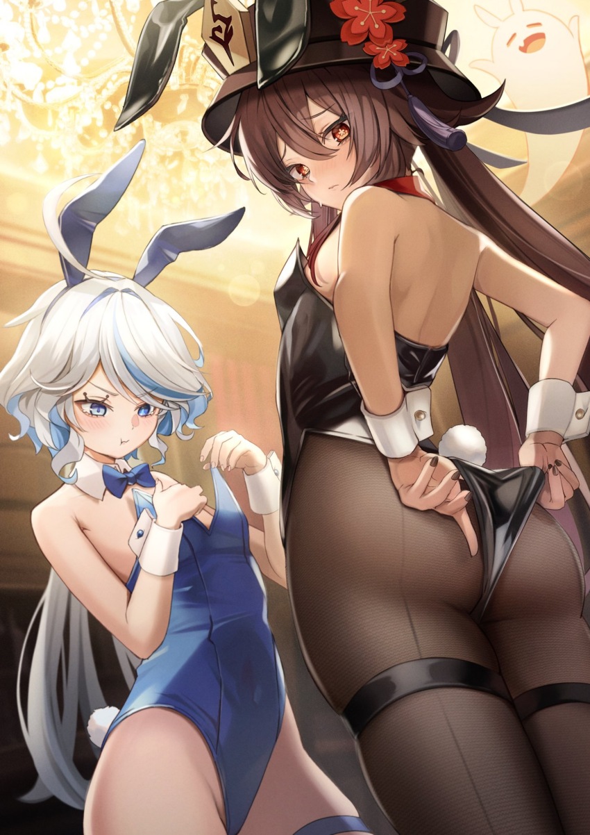 2girls, absurdres, animal_ears, ass, black_leotard, black_nails, blue_leotard, boo_tao_(genshin_impact)