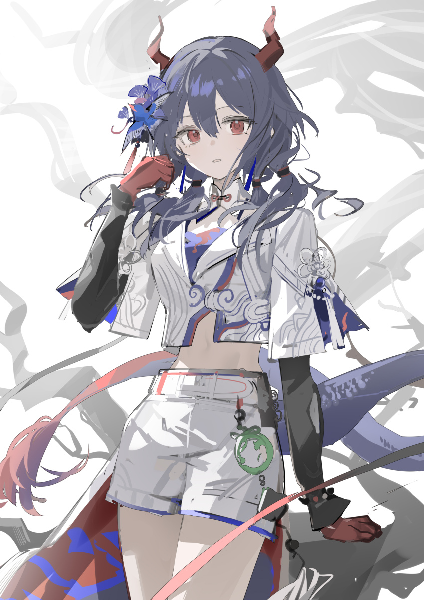 1girl, absurdres, ambience_synesthesia, arknights, bird_hair_ornament, black_scrunchie, black_sleeves, blue_hair