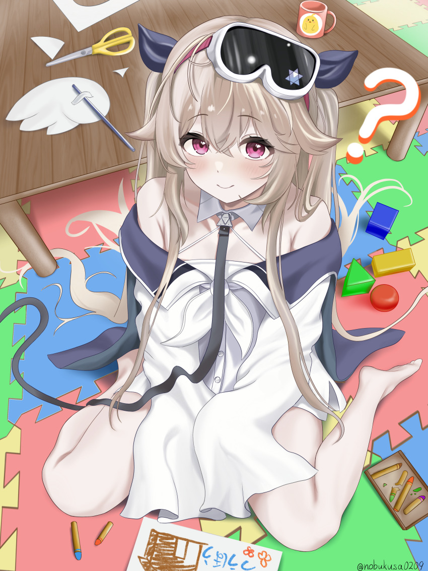 1girl, ?, absurdres, aged_down, azur_lane, bare_shoulders, barefoot, blue_ribbon