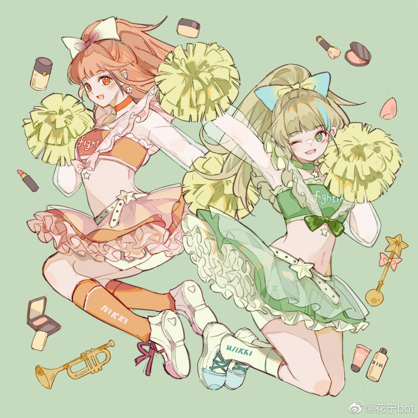 2girls, arm_up, armpits, bare_shoulders, belt, blue_bow, blue_hair, blunt_bangs