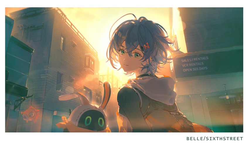 1girl, absurdres, bangboo_(zenless_zone_zero), belle_(zenless_zone_zero), blue_hair, border, building, character_name