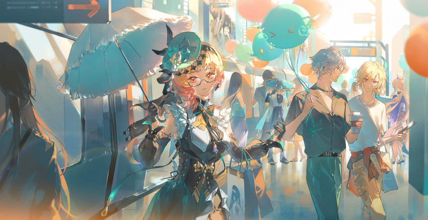 absurdres, alhaitham_(genshin_impact), asymmetrical_hair, bag, balloon, belt, belt_buckle, black_belt