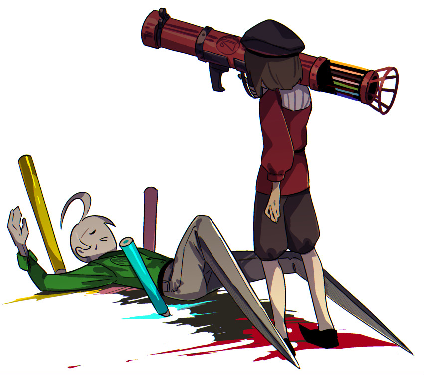 2boys, asymmetrical_bangs, belt, beret, black_belt, black_hat, black_shoes, black_shorts