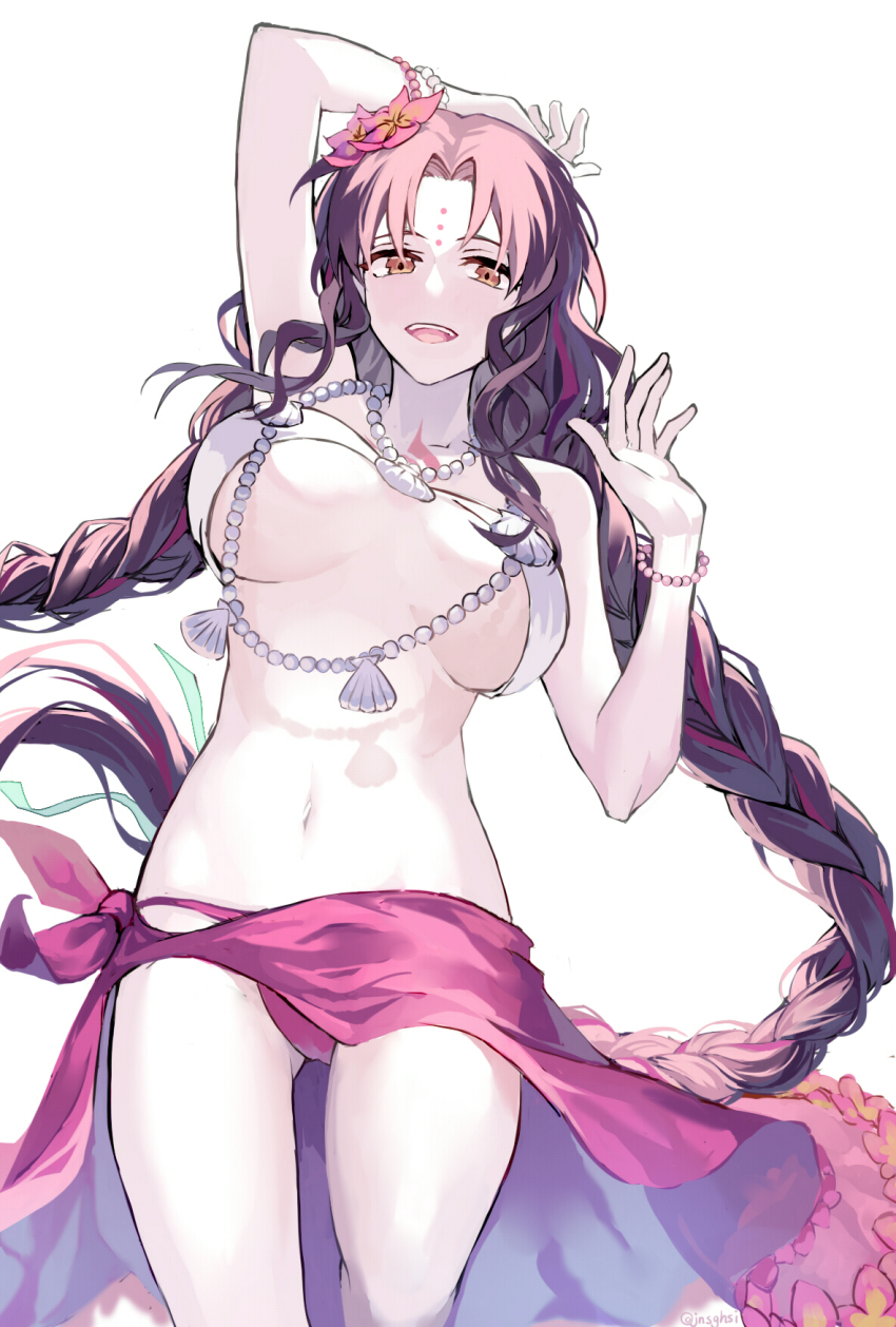 1girl, bikini, black_hair, braid, breasts, chest_tattoo, commentary, facial_mark