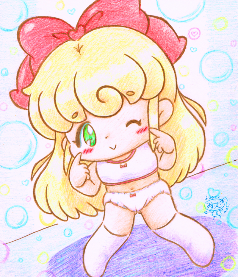 1girl, 2022, 20s, blonde_hair, blue_background, blush, bow, bow_bra