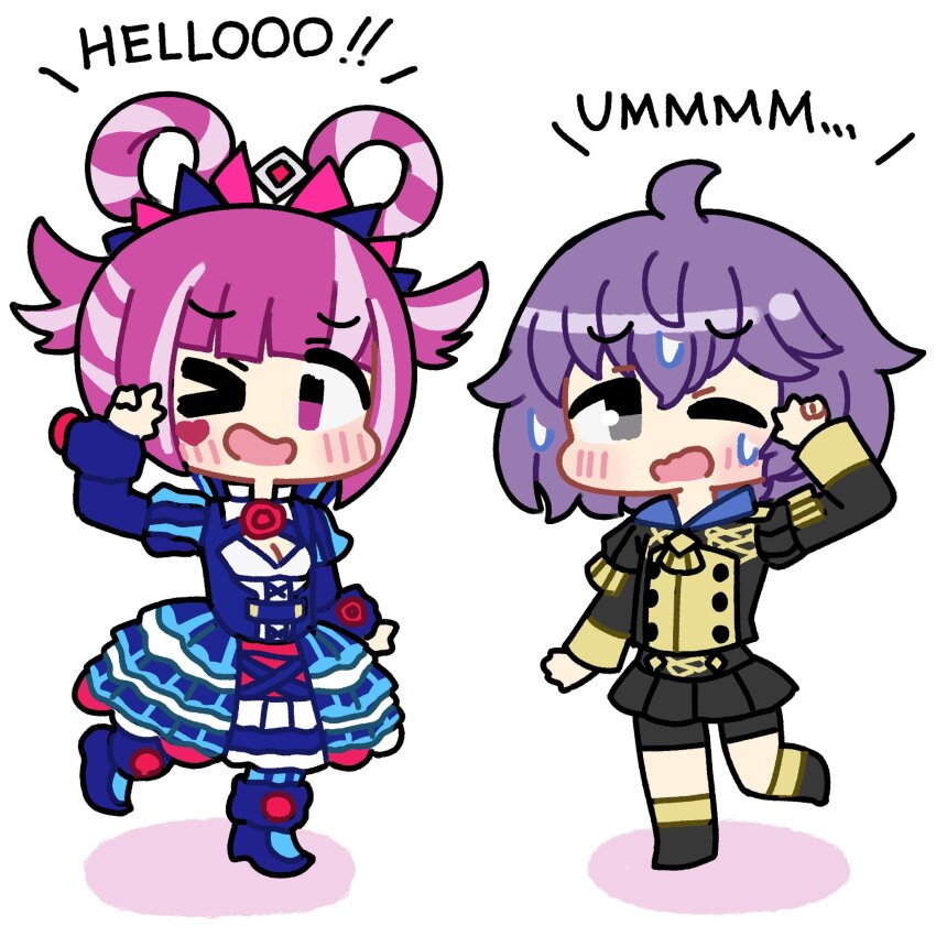 2girls, bernadetta_von_varley, chibi, chibi_only, cross-laced_clothes, cross-laced_dress, dress, english_text