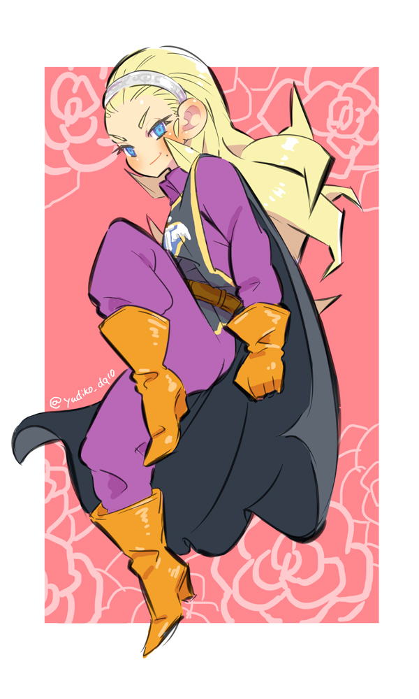 1girl, anlucea_the_maluminary, black_tabard, blonde_hair, blue_eyes, boots, border, commentary_request