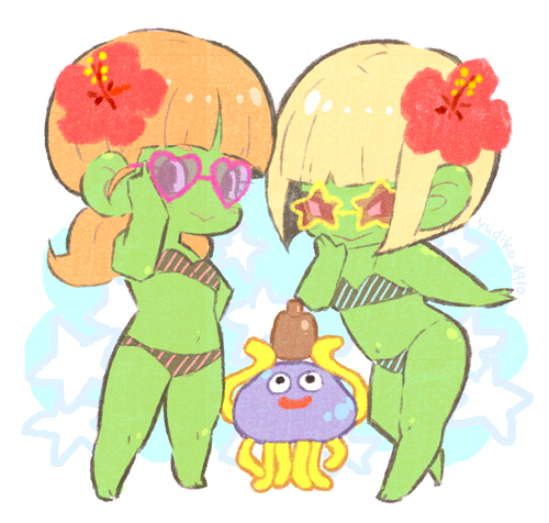 1other, 2girls, adjusting_eyewear, bikini, blonde_hair, blue-tinted_eyewear, blunt_bangs, blunt_ends