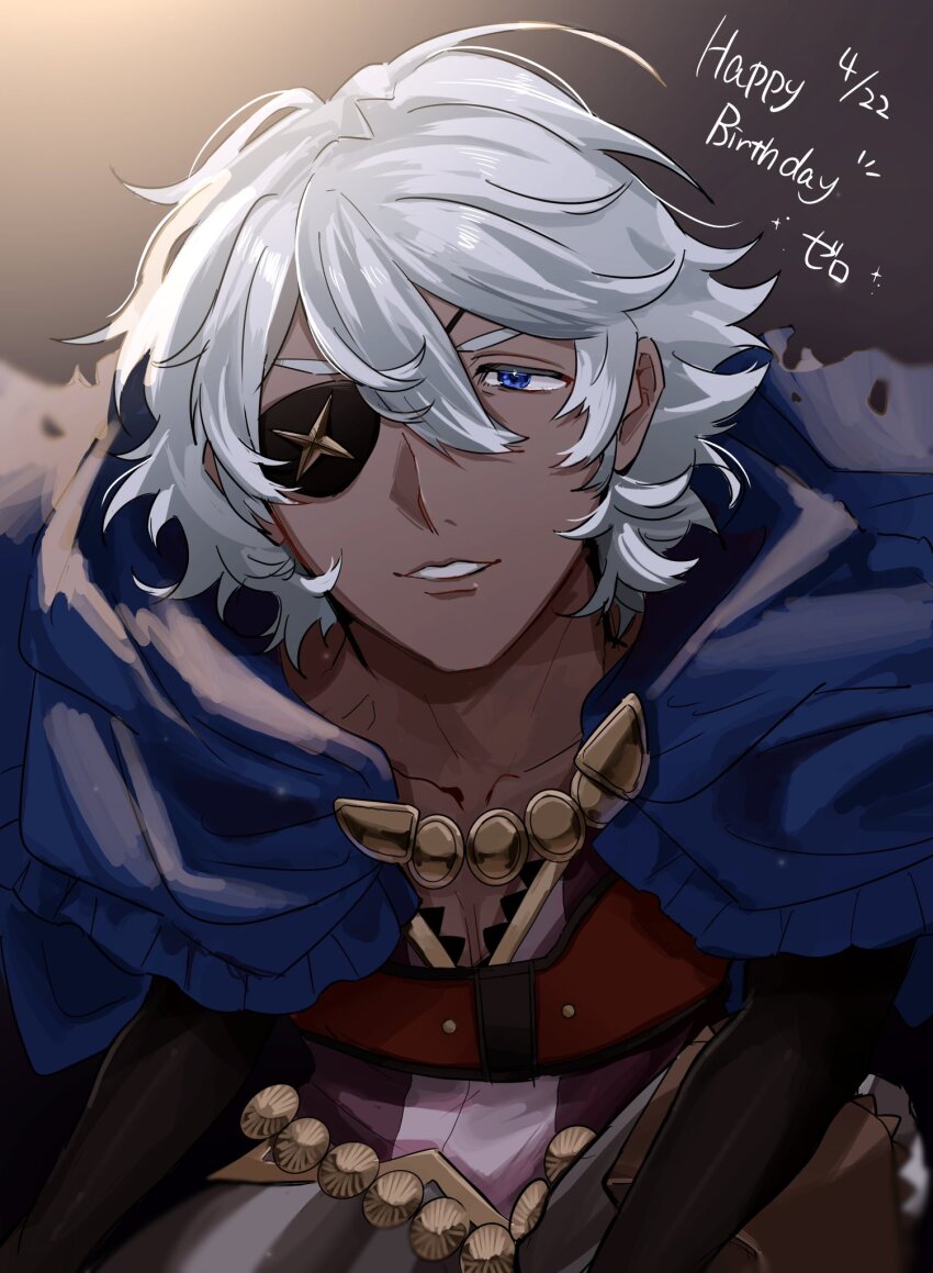1boy, blue_eyes, blue_hood, capelet, dark_skin, dated, eyepatch, fire_emblem