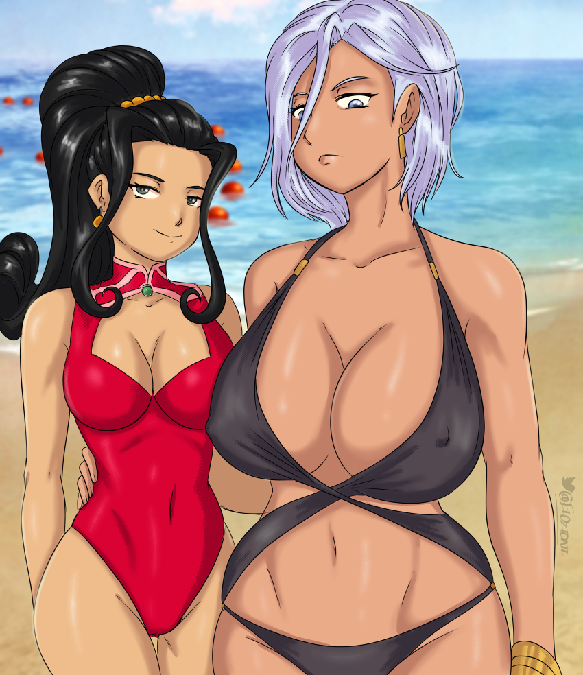 2girls, absurdres, anastasia_palma, arm_around_another's_waist, artist_name, beach, bikini, black_hair