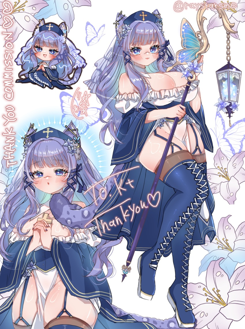 1girl, blue_eyes, blue_hair, blush, boots, breasts, bug, butterfly